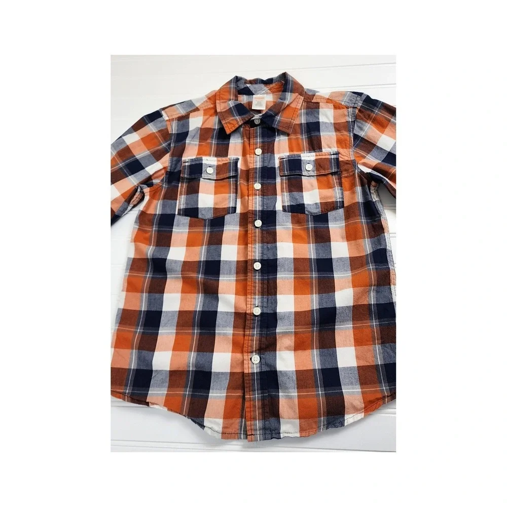 Gymboree‎ Kids Boys Medium 7/8 Plaid Long Sleeve Button Up Shirt Orange Navy